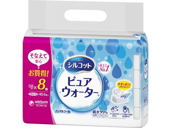 ユニ・チャーム シルコット ピュアウォーターウェットティッシュ 詰替 58枚×8個 1パック(ご注文単位1パック)【直送品】