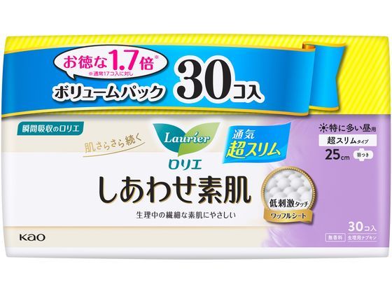 KAO ロリエ しあわせ素肌超スリム 特に多い 昼用羽つき 30個 1パック(ご注文単位1パック)【直送品】