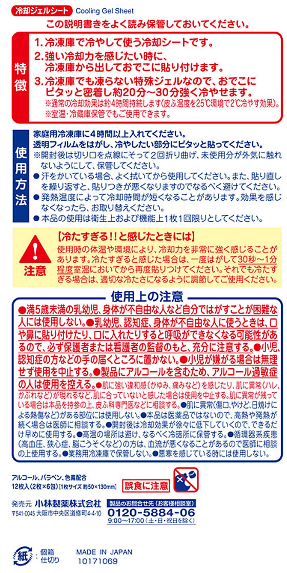 小林製薬 冷凍庫用 熱さまシート ストロング 大人用 12枚 1個(ご注文単位1個)【直送品】