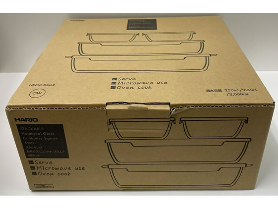 HARIO スタッキング 耐熱ガラスコンテナ スクエア4個セット HKOZ-5004-OW 1セット(ご注文単位1セット)【直送品】
