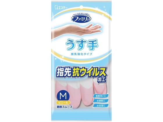 エステー ファミリー ビニールうす手 指先抗ウイルス加工 M ピンク 1双 1袋(ご注文単位1袋)【直送品】