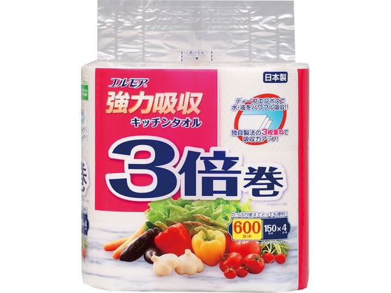 カミ商事 エルモア強力吸収キッチンタオル 3倍巻 4ロール 150カット 1ﾊﾟｯｸ（ご注文単位1ﾊﾟｯｸ）【直送品】