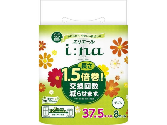 大王製紙 エリエール イーナ トイレットティシュ- 37.5mダブル8ロール 1ﾊﾟｯｸ（ご注文単位1ﾊﾟｯｸ）【直送品】