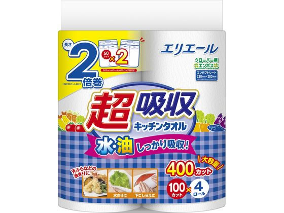 大王製紙 エリエール 超吸収キッチンタオル 100カット 4ロール 1パック(ご注文単位1パック)【直送品】