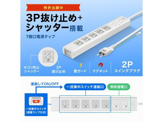 サンワサプライ 抜け止めシャッタータップ 3P7個口3m TAP-F37SH-3KS 1個(ご注文単位1個)【直送品】