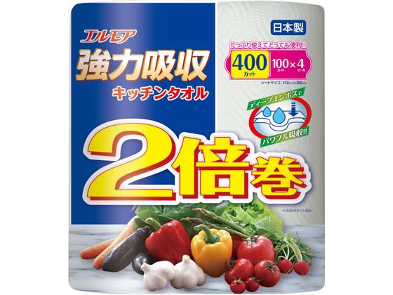 カミ商事 エルモア強力吸収キッチンタオル 2倍巻 100カット 4ロール 1パック（ご注文単位1パック）【直送品】