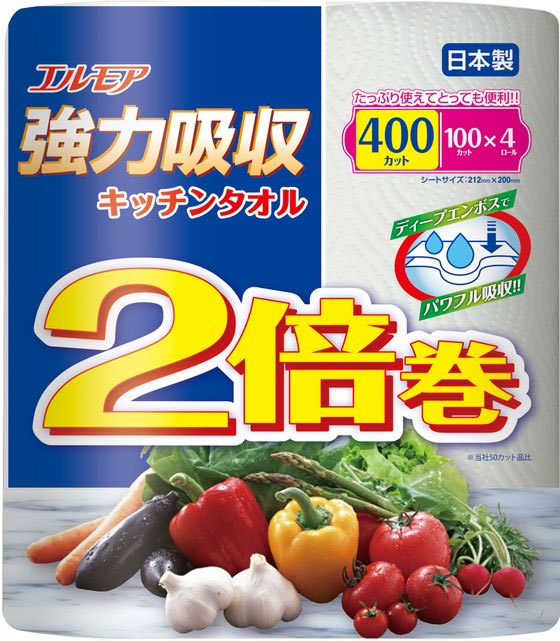 カミ商事 エルモア強力吸収キッチンタオル 2倍巻 100カット 4ロール 1パック(ご注文単位1パック)【直送品】
