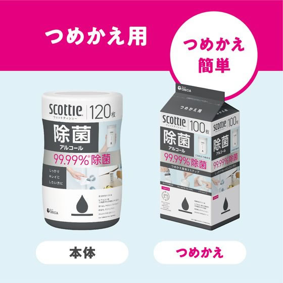 クレシア スコッティ ウェットティシュー 除菌アルコール 詰替 100枚×3個 8P 1箱（ご注文単位1箱）【直送品】