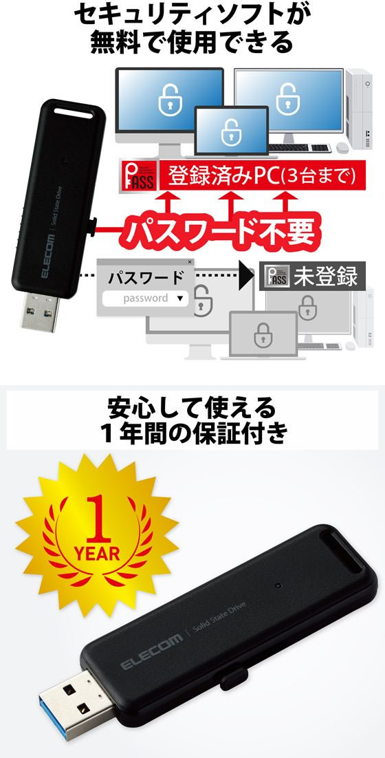 エレコム 外付けSSD 1TB USB3.2 ブラック ESD-EMB1000GBK 1個(ご注文単位1個)【直送品】