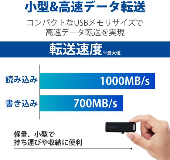 エレコム 外付けSSD 1TB USB3.2 ブラック ESD-EMB1000GBK 1個(ご注文単位1個)【直送品】