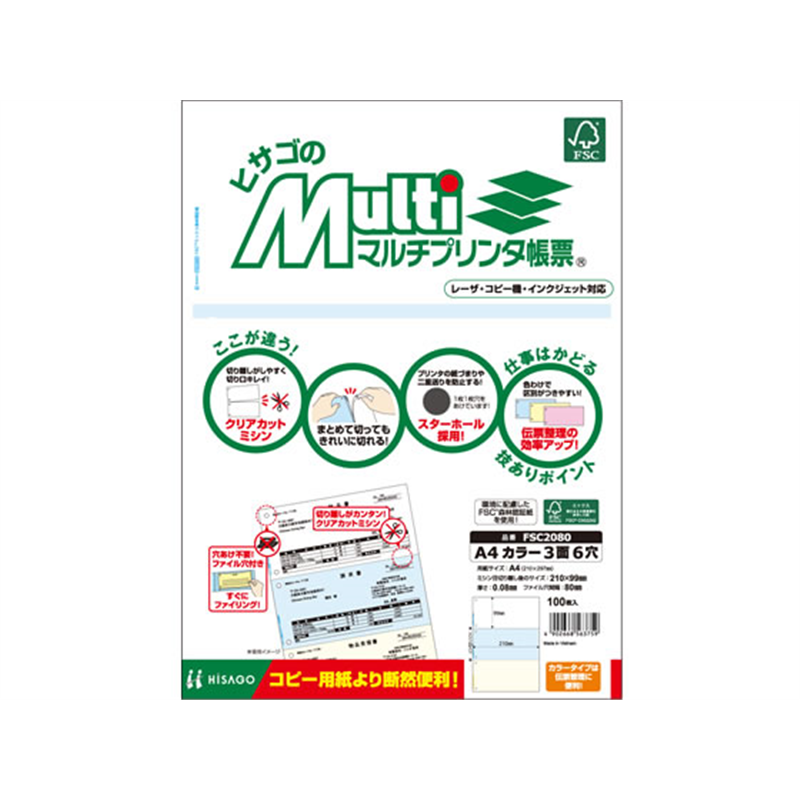 ヒサゴ マルチプリンタ帳票 A4 カラー 3面 6穴 100枚 FSC2080 1冊（ご注文単位1冊）【直送品】