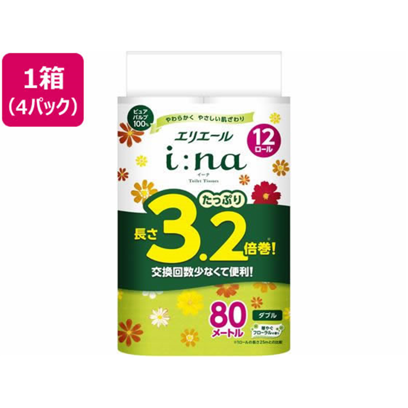 大王製紙 エリエール イーナトイレット 3.2倍巻 12ロールダブル×4パック 1箱（ご注文単位1箱）【直送品】