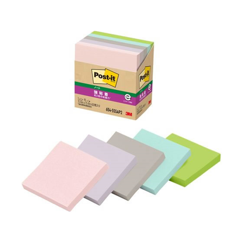 3M ポストイット 強粘着 ノート 75mm×75mm パステルカラー5色 5冊 1個（ご注文単位1個）【直送品】