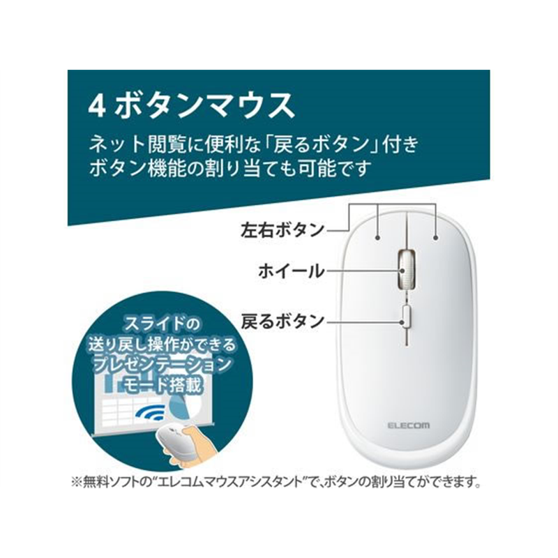 エレコム ワイヤレスマウス 無線 Bluetooth 静音 4ボタン M-TM15BBWH 1個（ご注文単位1個）【直送品】