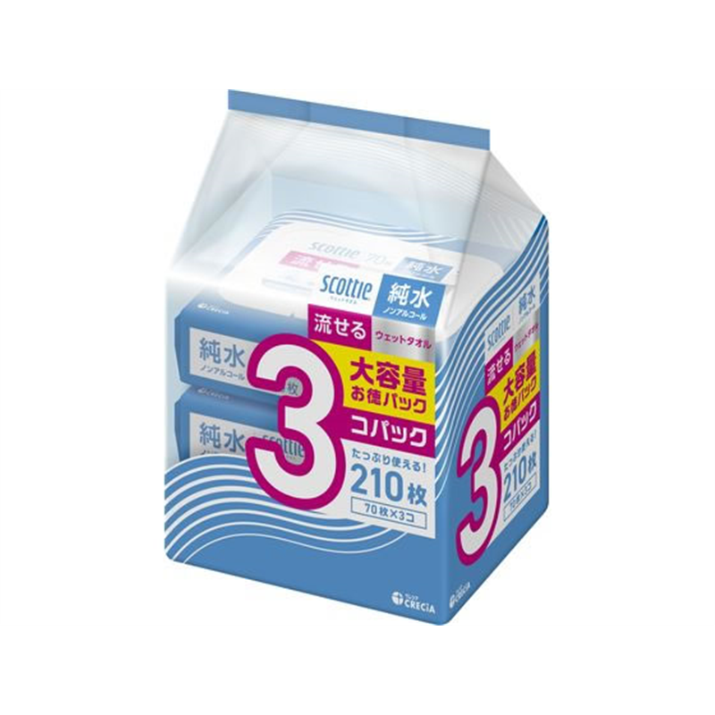 クレシア スコッティ 流せるウェットタオル 純水 ノンアルコール 70枚 3個パック 1パック（ご注文単位1パック）【直送品】