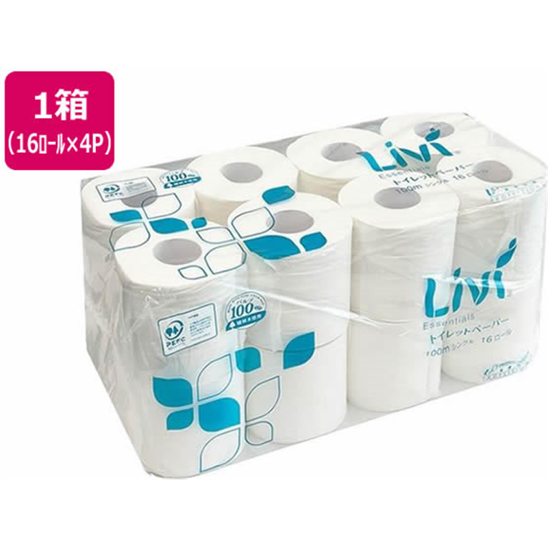 ユニバーサルペーパー リビィトイレットペーパー シングル 100m 16ロール 4P 1箱（ご注文単位1箱）【直送品】