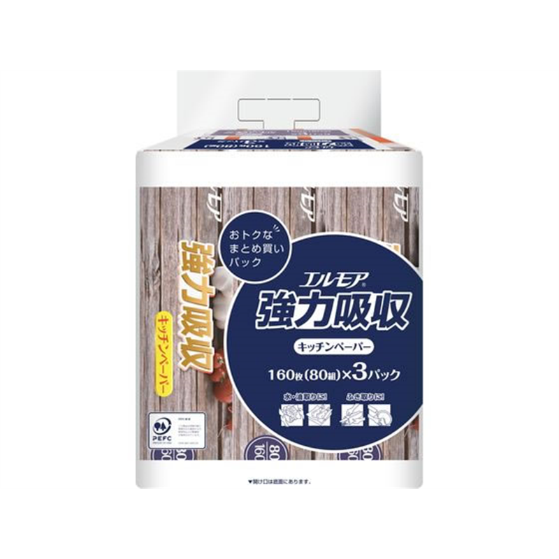 カミ商事 エルモア 強力吸収キッチンペーパー 80W3P 1パック（ご注文単位1パック）【直送品】