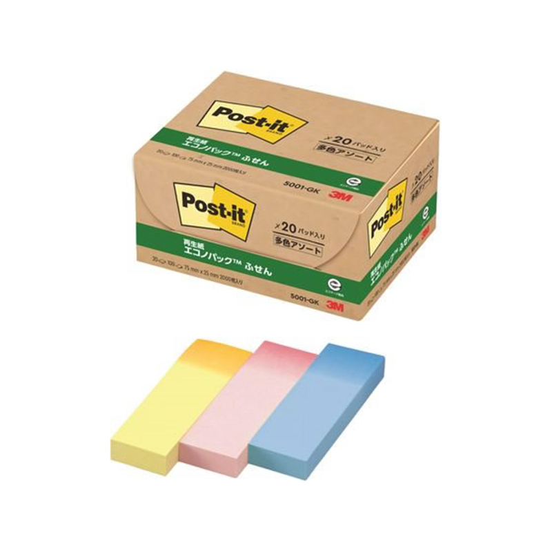 3M ポストイット 再生紙 エコノパック ふせん グラデーション・混色 1パック（ご注文単位1パック）【直送品】