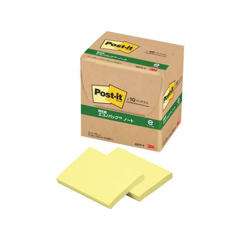 3M ポストイット 再生紙 エコノパック ノート イエロー 6571-Y 1箱（ご注文単位1箱）【直送品】