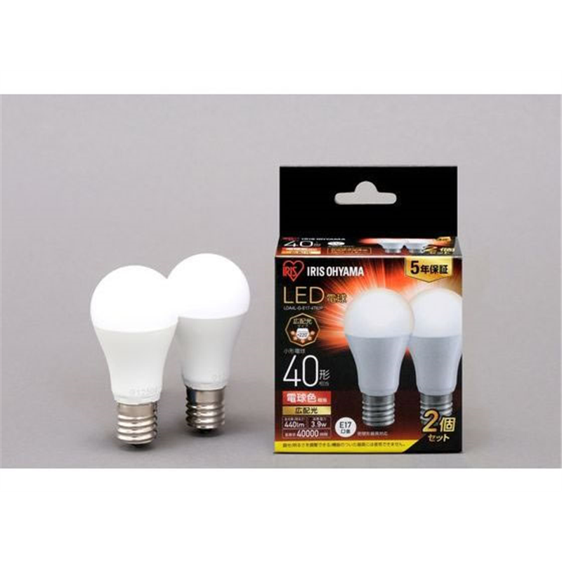アイリスオーヤマ LED電球 E17 広配光 40形相当 電球色 2個 1個（ご注文単位1個）【直送品】