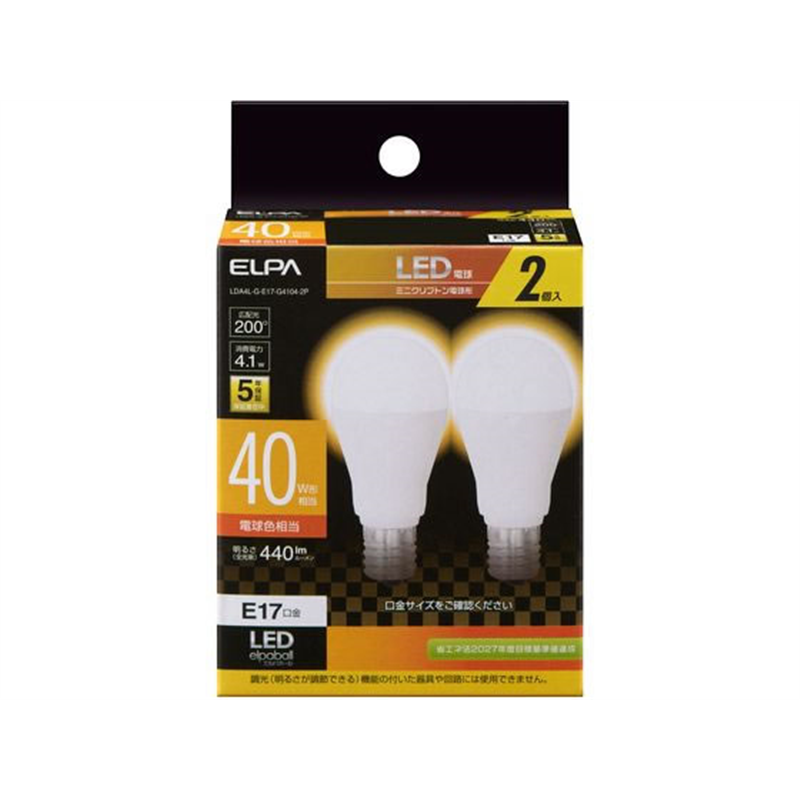 朝日電器 ミニクリプトン形 40W相当 電球色2個 1個（ご注文単位1個）【直送品】