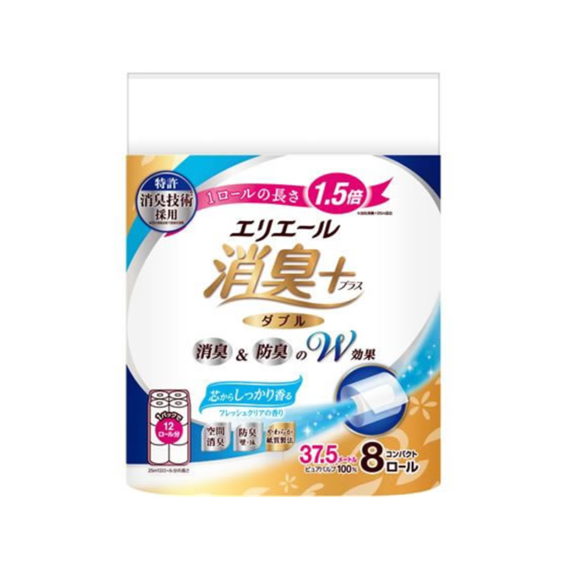 大王製紙 エリエール消臭+トイレット ダブル フレッシュクリア 8ロール 1パック（ご注文単位1パック）【直送品】