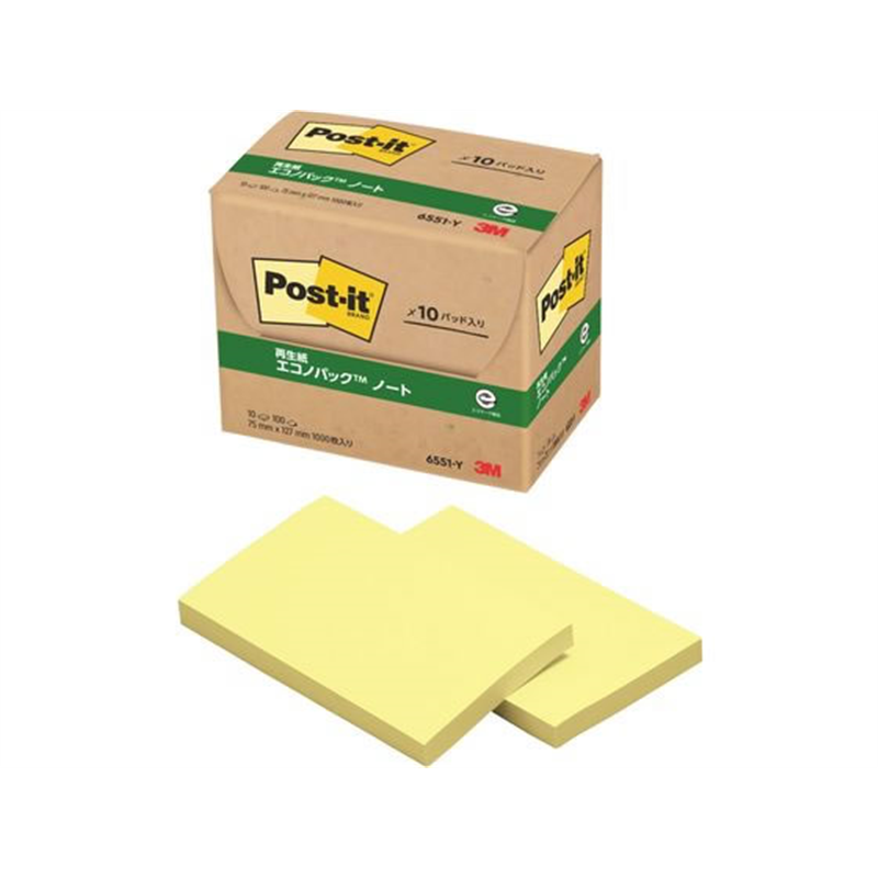 3M ポストイット 再生紙 エコノパック ノート イエロー 6551-Y 1パック（ご注文単位1パック）【直送品】