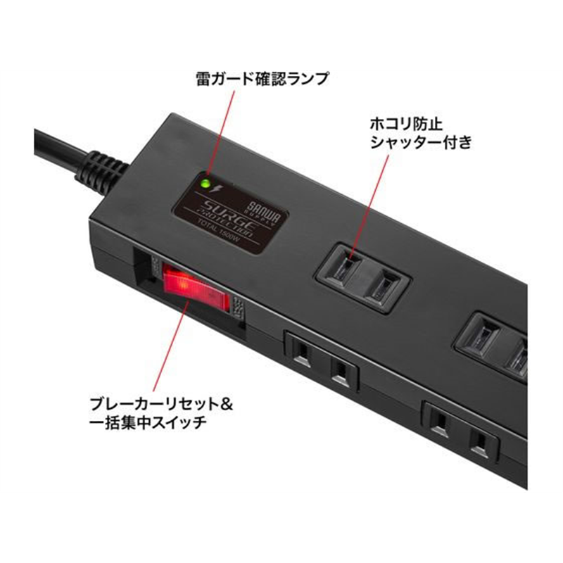 サンワサプライ 雷ガードタップ 10個口 5m 黒 TAP-SP2110N-5BK 1本（ご注文単位1本）【直送品】