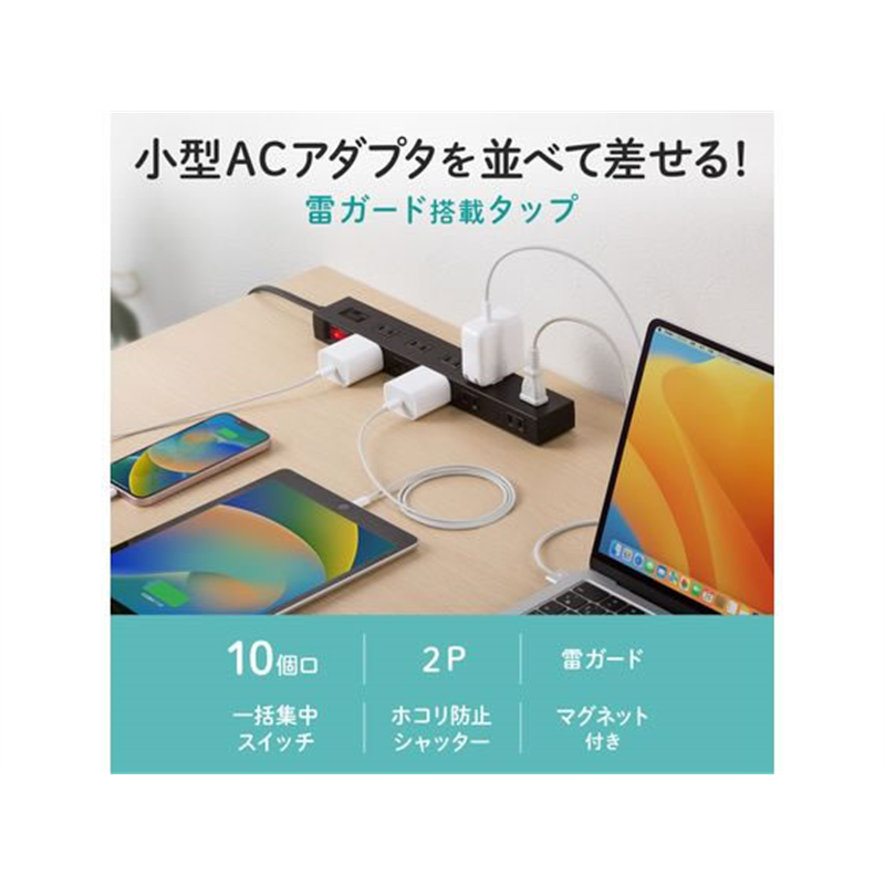 サンワサプライ 雷ガードタップ 10個口 5m 黒 TAP-SP2110N-5BK 1本（ご注文単位1本）【直送品】