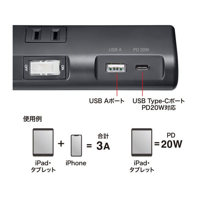 サンワサプライ 節電タップ 2P 4個口 2m ブラック TAP-B107UC-2BK 1個（ご注文単位1個）【直送品】