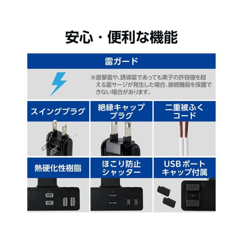 エレコム 電源タップ クリップ 2.5m USBポート付 クロ T-U05-3225BK 1個（ご注文単位1個）【直送品】