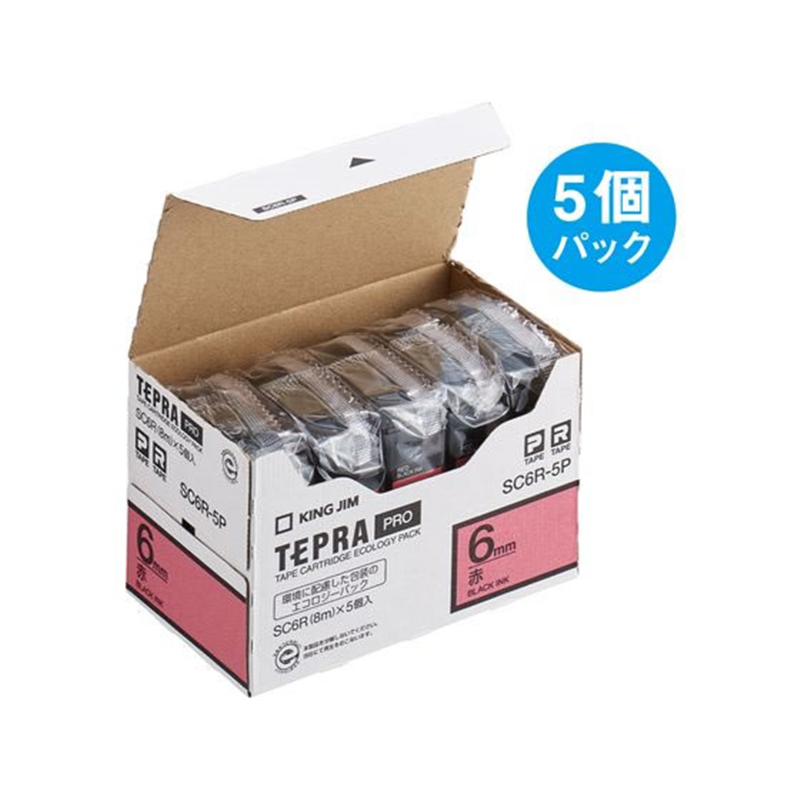 キングジム テプラPROテープ 6mm 赤／黒文字 5個 SC6R-5P 1箱（ご注文単位1箱）【直送品】