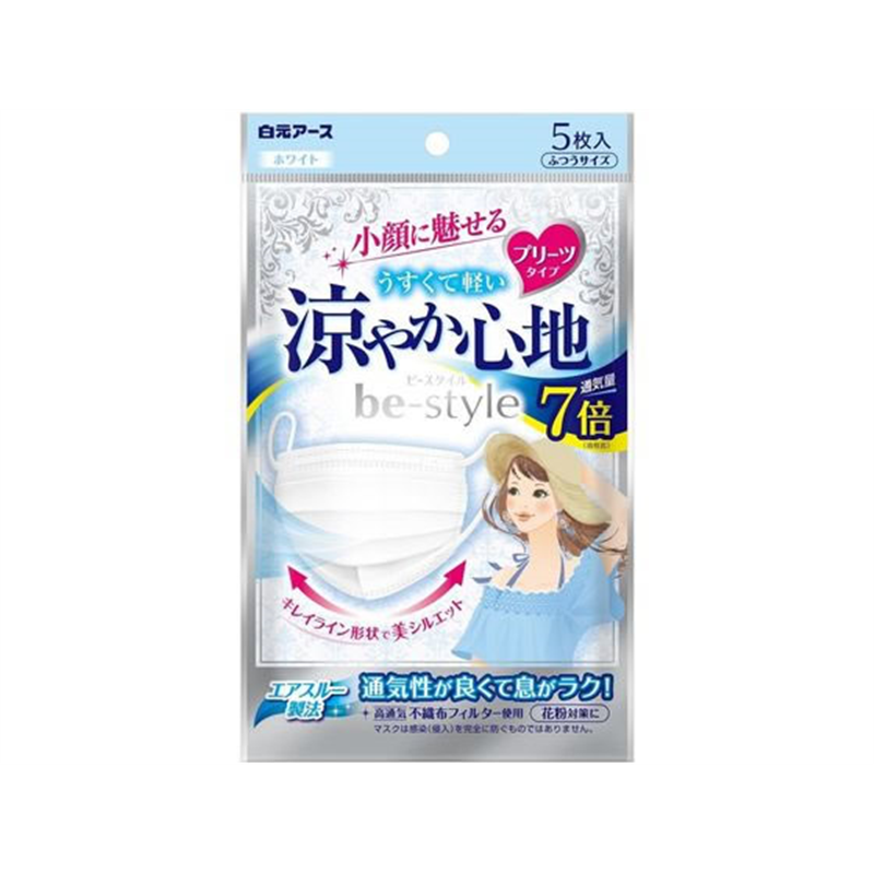 白元アース ビースタイル プリーツタイプ 涼ヤカ心地 ホワイト ふつう5枚 1パック（ご注文単位1パック）【直送品】