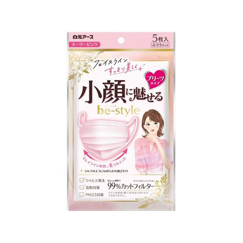 白元アース ビースタイル プリーツタイプ ふつうサイズ ドーリーピンク 5枚 1パック（ご注文単位1パック）【直送品】