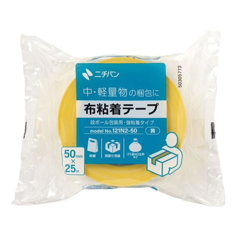 ニチバン 布粘着テープ 50mm×25m 黄 121N2-50 1巻（ご注文単位1巻）【直送品】