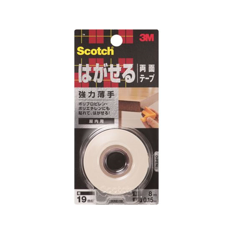 3M スコッチ はがせる両面テープ 強力薄手 19mm×8m KRE-19 1巻（ご注文単位1巻）【直送品】