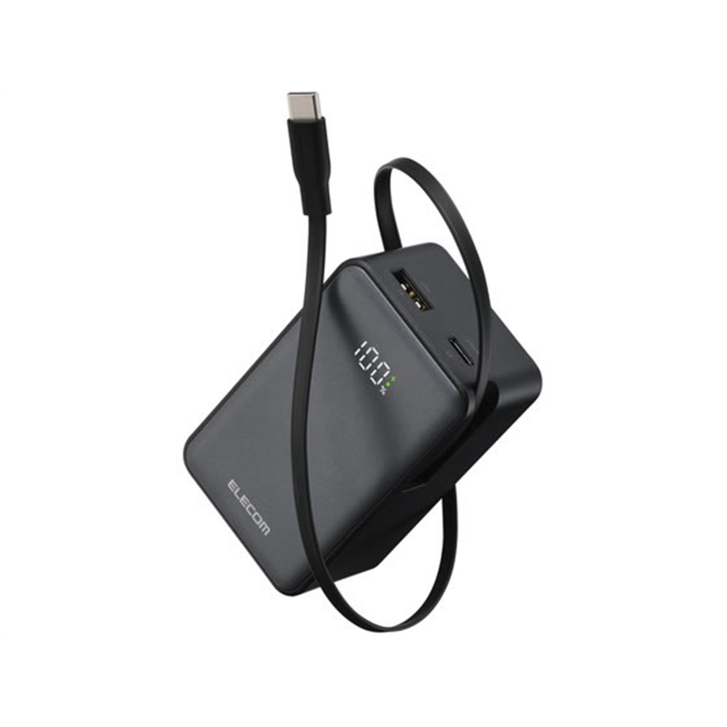 エレコム 巻取式モバイルバッテリー 10000mAh 黒 DE-C82L-10000BK 1個(ご注文単位1個)【直送品】