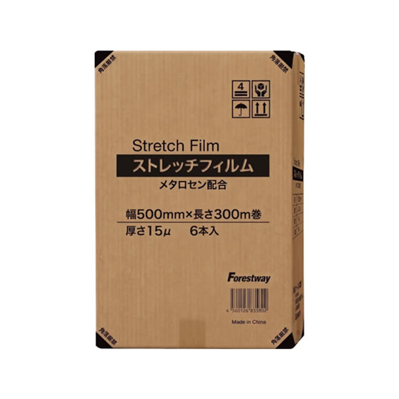 ストレッチフィルム 15ミクロン 幅500mm×長さ300m 3インチ 6巻 1箱(ご注文単位1箱)【直送品】