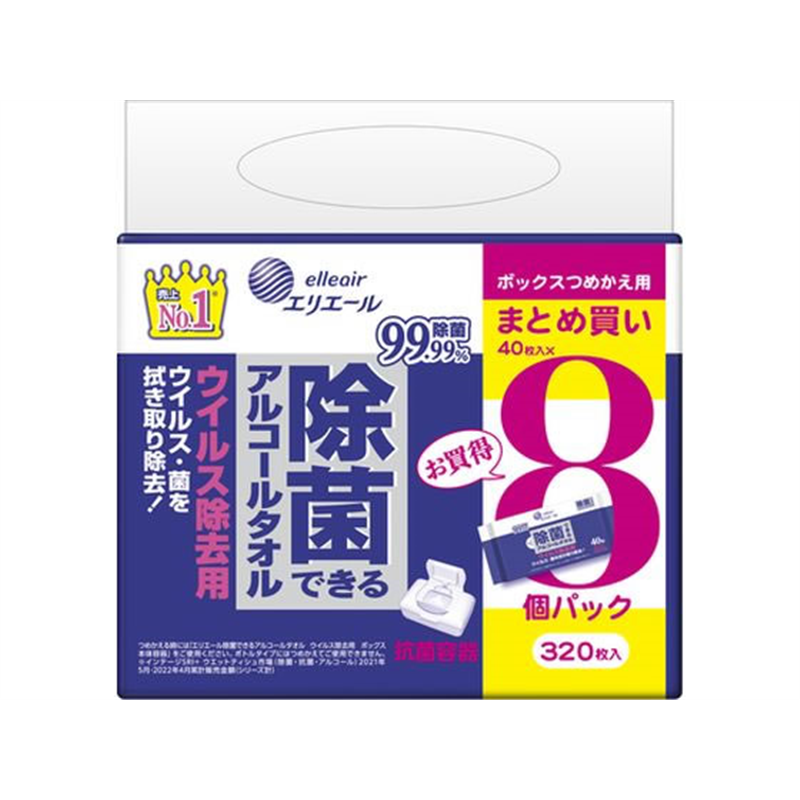エリエール 除菌できるアルコールタオル ウイルス除去用 ボックス詰替 8個 1パック（ご注文単位1パック）【直送品】