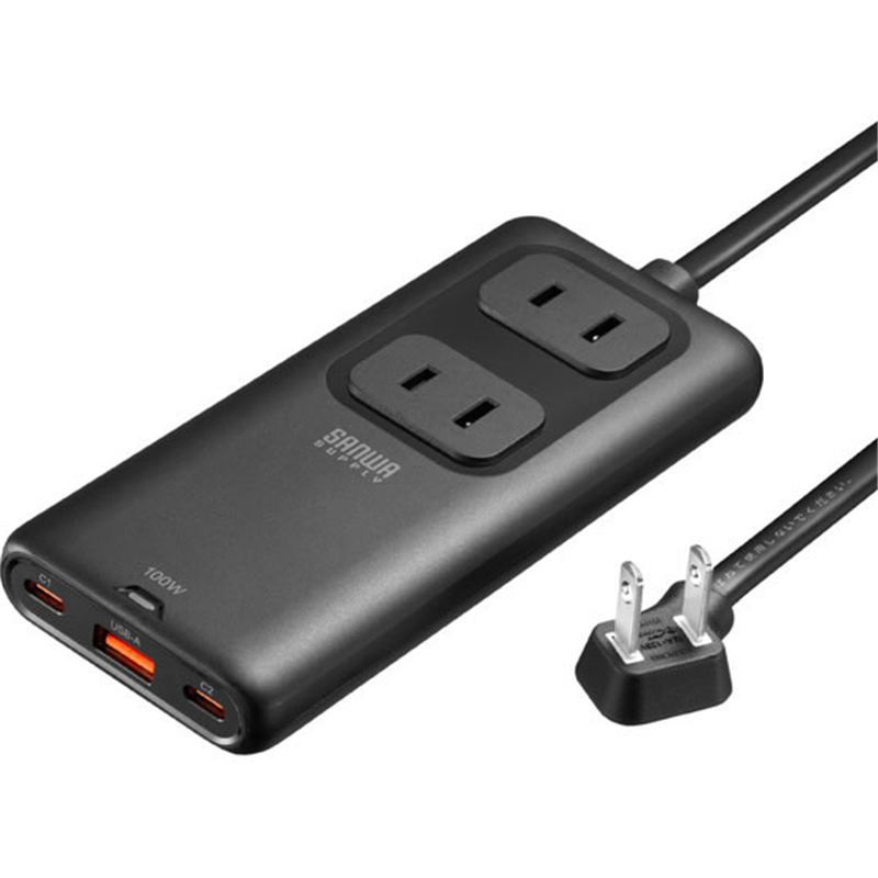 サンワサプライスリムタップ(AC2個口・USB-C×2+USB-A×1・PD100W)TAP-SLIM7U-15BK 1個（ご注文単位1個）【直送品】