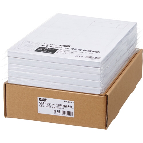 TANOSEE A4タックシール 業務用パック 12面 42.3×86.4mm 四辺余白 100シート 5冊/箱(ご注文単位1箱)【直送品】