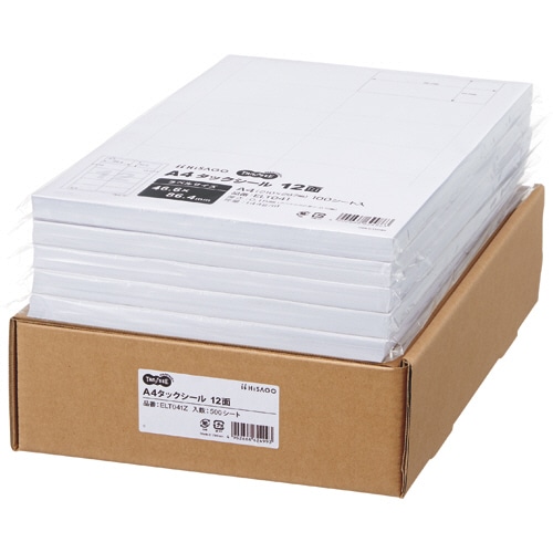 TANOSEE A4タックシール 業務用パック 12面 46.6×86.4mm 100シート 5冊/箱(ご注文単位1箱)【直送品】