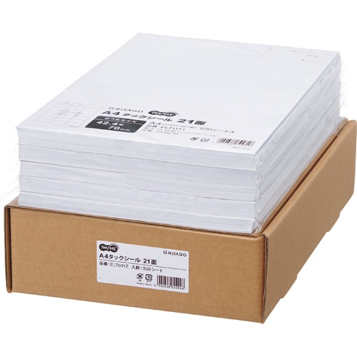 TANOSEE A4タックシール 業務用パック 21面 42.4×70mm 100シート 5冊/箱(ご注文単位1箱)【直送品】