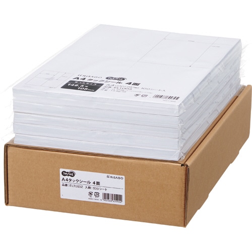 TANOSEE A4タックシール 業務用パック 4面 105×148.5mm 100シート 5冊/箱(ご注文単位1箱)【直送品】