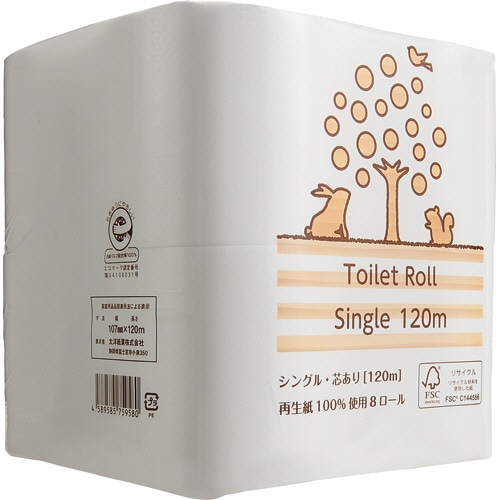 TANOSEE リサイクルトイレットペーパー(2倍巻) シングル 芯あり 120m 8ロール/袋（ご注文単位1袋）【直送品】