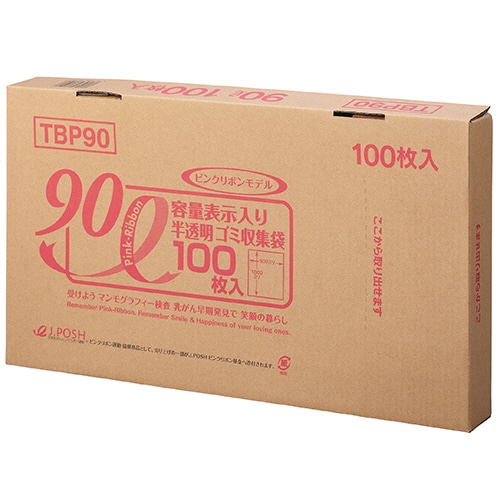 ジャパックス 容量表示入りゴミ袋 ピンクリボンモデル 乳白半透明 90L BOXタイプ TBP90 100枚 4個/箱(ご注文単位1箱)【直送品】