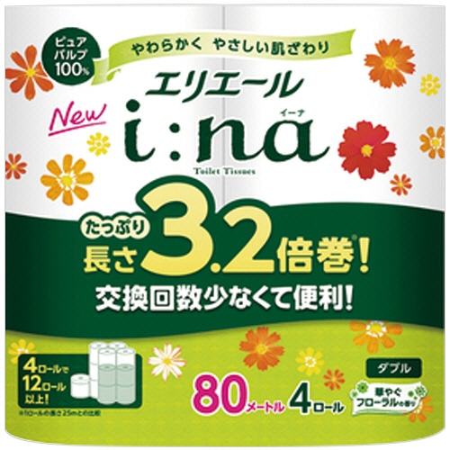 大王製紙 エリエール i:na(イーナ)トイレットティシュー 3.2倍巻 ダブル 芯あり 80m 64ロール/箱(ご注文単位1箱)【直送品】