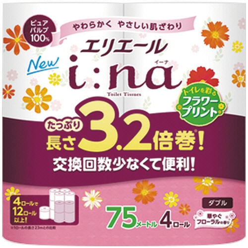 大王製紙 エリエール i:na(イーナ)トイレットティシュー 3.2倍巻 フラワープリント ダブル 芯あり 75m 64ロール/箱(ご注文単位1箱)【直送品】