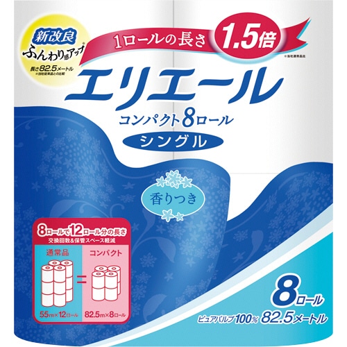 大王製紙 エリエール トイレットティシュー コンパクト シングル 芯あり 82.5m 香り付き 8ロール/袋(ご注文単位1袋)【直送品】