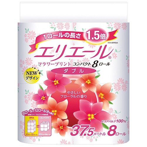 大王製紙 エリエール トイレットティシュー フラワープリント コンパクト ダブル 芯あり 37.5m 香りつき 64ロール/箱(ご注文単位1箱)【直送品】